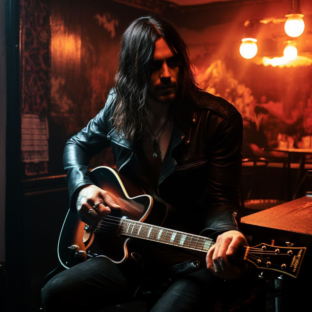 Character art of Cassian, a long-haired guitarist, in the orange light of a bar.