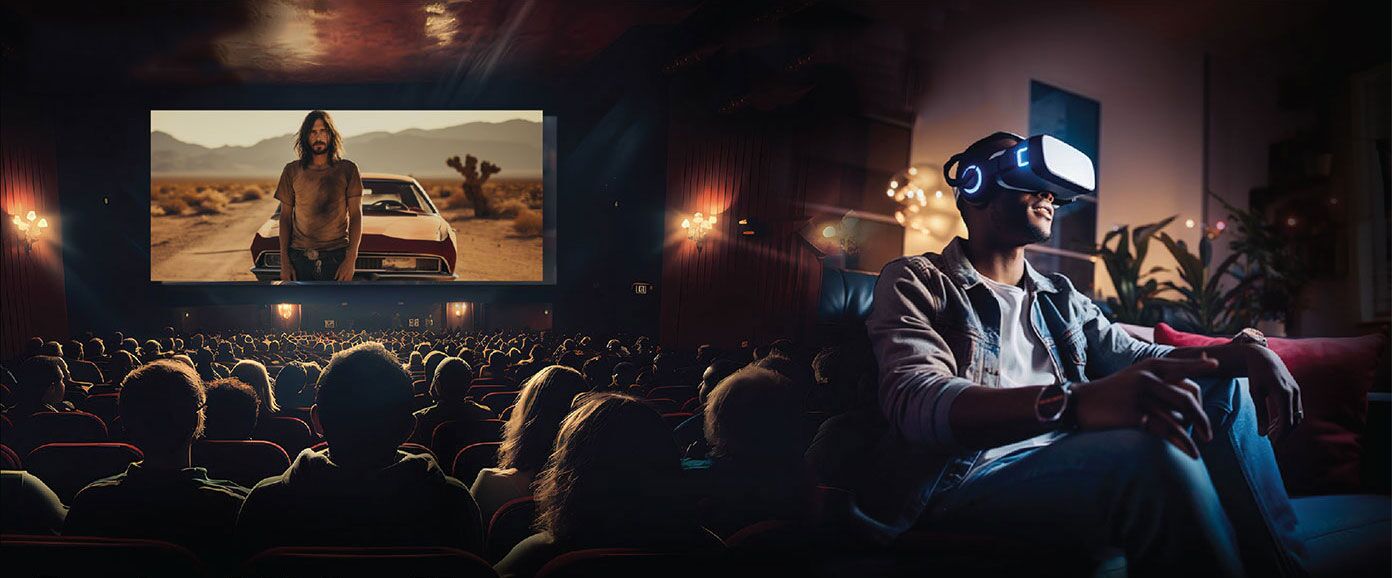Concept art for Cassian: a cinema audience watches a desert scene on the big screen while a man in a VR headset sits in the foreground.