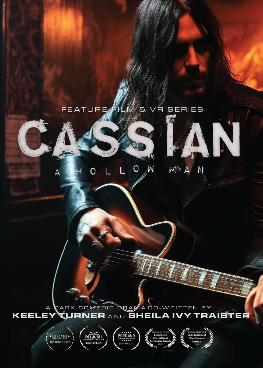 Key art for Cassian: A Hollow Man, a long-haired guitarist in a leather jacket in a dim bar, with five screenplay laurels
