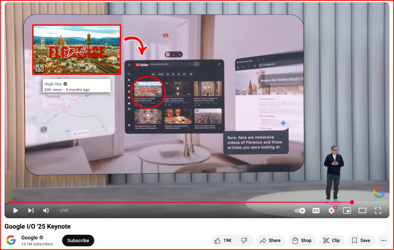 Google I/O 2025 keynote stage: an Android XR demo shows YouTube results for immersive videos of Florence, with Hugh Hou's Dante's Florence in 3D VR180 as the first result, highlighted.