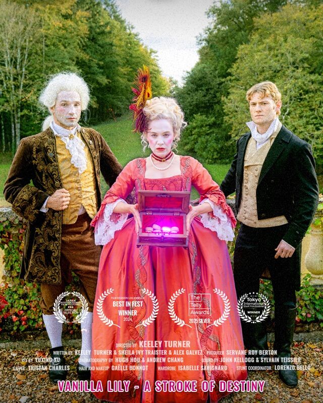 Poster for Vanilla Lily: A Stroke of Destiny: three people in period costume in a garden, the woman holding a glowing box.